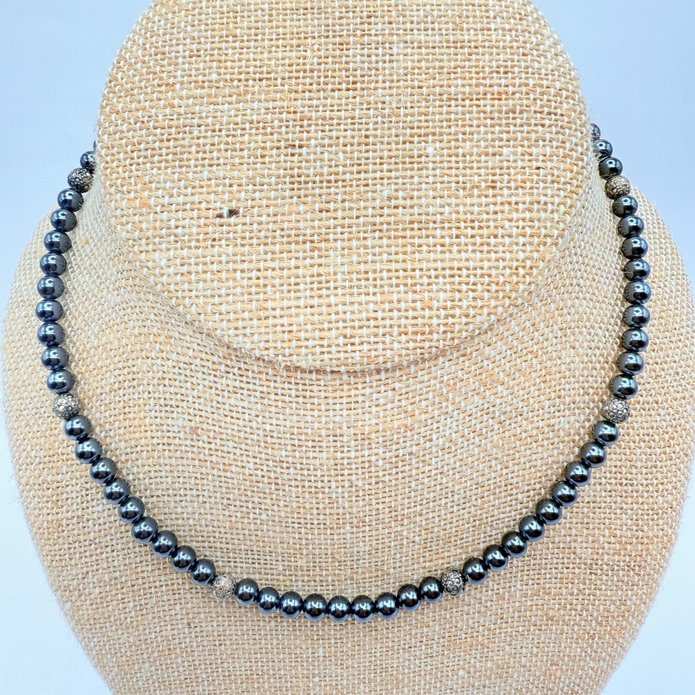 Vintage Carolee Marked 925 Hematite and Marcasite Rhinestone Beaded Necklace